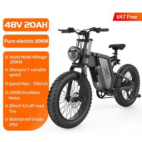 고성능 가성비 EKX X20 전기 자전거 산 오토바이 Ebike 인치 지방 타이어 2000W 48V 30AH 남성용 도로 성인, 03 Spoked 1000W-20AH, 한개옵션1