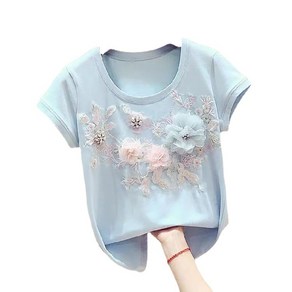 블루 순면 반팔 꽃 자수 티셔츠 Women's T-shit 뉴타임즈 K475C499