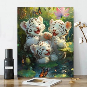 백호 보석십자수 캔버스형 호랑이 삼형제 원형비즈 DIY키트 40x50cm 3D 대형 구슬 비즈 큐빅십자수, 1세트, B263