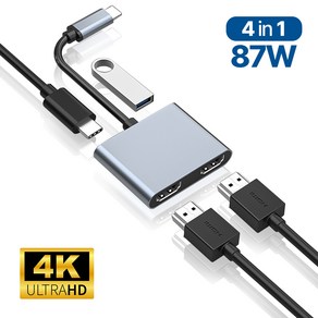 아모란나 4in1 C타입 듀얼모니터 HDMI 멀티 USB 허브 분배기 4K, 4in1 멀티허브 4K (Hdmi*2/PD/USB_A), 혼합색상, 1개