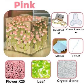 DIY 튤립 거울 큐브 램프 꽃 침실 수면 테이블 수제 공예 야간 조명 생일 선물, [04] 분홍색
