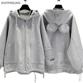 JUSTFEELING S-3XL 캐주얼 와이드핏 기모 캐릭터 여성 후드집업 운동복 상의 보온 방한 자켓 코트 간절이