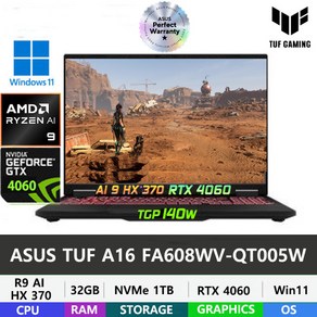 (당일발송) ASUS 2024 TUF 게이밍노트북 A16 FA608WV-QT005W AI CPU 탑재 라이젠 AI 9 HX370/32GB/1TB/RTX4060/윈도우11홈, ASUS FA608WV-QT005W, WIN11 Home, 32GB, 1TB, 예거 그레이