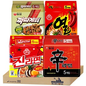 [블루존] 봉지라면 4종 (신라면5p + 진라면매운맛5P + 짜파게티 5p + 열라면5P) 세트, 1세트