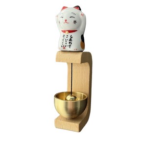 원목 문종 출입문 자석 도어벨 우드 행운의 고양이 현관문 출입문 미니종 풍경, 도예 일본 고양이 + 나무색