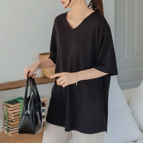 로로텐 슬라브 브이넥 무지 반팔 티셔츠 루즈핏 여성 빅사이즈