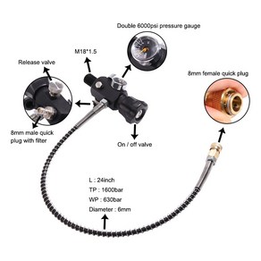 OBKEY 다목적 조절식 공기충전소 리필 어댑터 400ba 6000psi 듀얼 게이지 충전 밸브 62cm 호스 8mm 퀵 플러그, M18, 1개