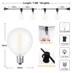 페어리 야외 스트링 조명 G40 LED 프로스트 화이트 전구 조도 조절 연결 가능 방수 정원 장식 화환 라이트 체인 65FT, 7.6M 10Bulbs, EU Plug 220V, 1개