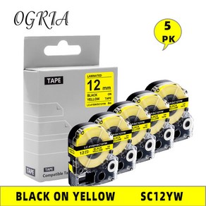 OGRIA 5 PK SC12YW LC4YBW9 호환 엡손 킹짐 LW-300 12mm 검정색 노란색 접착 라벨 테이프, 01 12mm