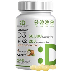 딜서플리먼트 비타민 D3 10000 IU+K2 200mcg 코코넛 오일 소프트젤 250정, 250 Count (Pack of 1), Vitamin D3K2 5,000IU with coco, 1개