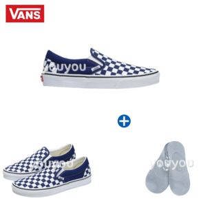 [YUYU] Vans 반스 Checke-boad 체커보드 컬러 슬립온 띠어리 블루 + 페이크삭스 1P