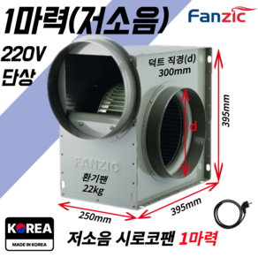 팬직 저소음 소형 시로코팬 1마력 덕트 250mm 300mm 단상 220V TFB-G29ES+코드선 2M 포함, 1개