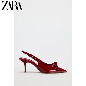 ZARA 자라 2024 가을 신상품 여자 신발 빨간색 리본 장식 에나멜 뾰족한 머리 뮐러 하이힐 2208410