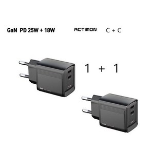 1+1 액티몬 PD 25W 초고속 가정용 충전기 갤럭시 S24 S23 S22 S21 S20 노트 20 FE 울트라 플러스 Z플립5 Z폴드5 아이폰15, 2개, C포트 2구 듀얼 케이블미포함