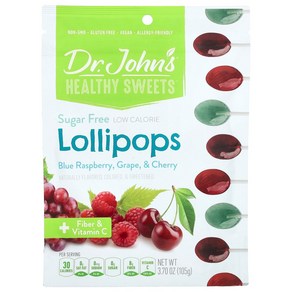 D. John's Healthy Sweets 롤리팝 섬유소 비타민C 함유 블루 라즈베리 포도 체리 무설탕 105g3.7oz, 1개, 105g