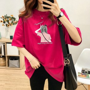 스타일아유 여성 여름 면 반팔 티셔츠 프린트 캐릭터 M~2XL 오버핏 반팔티 롱티 자체제작