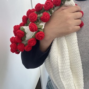 장미 꽃다발 담요 수제 DIY 재료 패키지 실 공 뜨개질 꽃 담요 꽃 코바늘 은방울꽃, 밝은 빨강 + 유백색 장미 꽃 담요 [재료 패키지] 무
