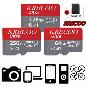 KRECOO® 256GB 메모리 카드 Mico Sd Ulta Class 10 대부분의 장치에 적합(Micosdxc to Sd 어댑터 포함), 64, 1개