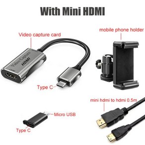 카메라 안드로이드 휴대폰 태블릿 모니터 HDMI 어댑터 브이로그 유튜버 영화 제작자용 비디오 캡처 카드 장치 DVD 라이브 녹화, 1) With Mini HDMI, 1개