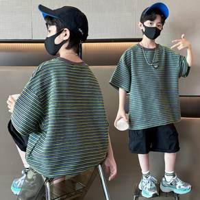비비키드 주니어 상의 하의 세트 남아 여름 세트 초중생 스트라이프 삼각패치 포인트 반팔티 반바지 초등생 상하세트 (2410)