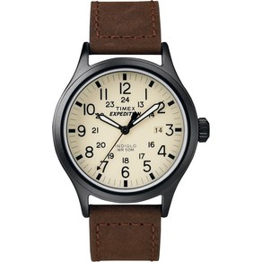 Timex 남성용 Expedition Scout 40mm 시계 – 크림색 다이얼 블랙 케이스 & 브라운 가죽 스트랩