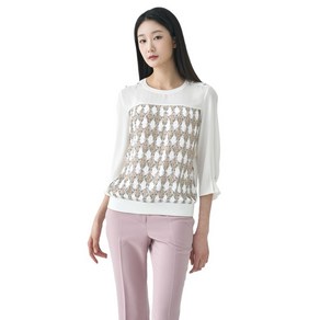 지센 여성 패턴 플리츠 배색 티블라우스 여자 캐주얼 상의 LFWSO311