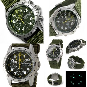 SEIKO Chonogaph 100m SND399P SND379R ) 밀리터리 카키 방수 나일론 벨트 워치 맨즈