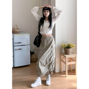 molling 하이틴 나일론 카고 사이드 스트링 롱 스커트