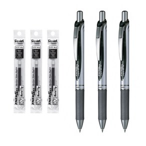 [e모든문구] PENTEL 펜텔 에너겔 노크식볼펜 세트(볼펜3개+검정색리필3개) 0.5mm 0.7mm, BL77 0.7mm 볼펜3개+검정리필3개, 1세트