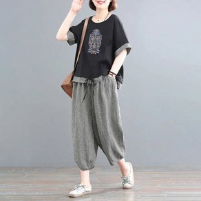 besteffie 투피스세트 여성 여름 캐주얼 반팔 티셔츠 체크무늬 와이드 팬츠 편안한 면 소재 여름 K51