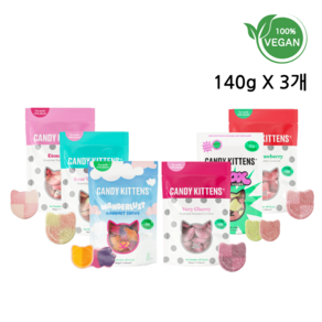 [스웨디시 젤리] CandyKittens 캔디키튼스 비건 젤리 140g 3종 대용량세트, 이튼메스(140g), 와일드스트로베리(140g), SHOX샥스(140g)