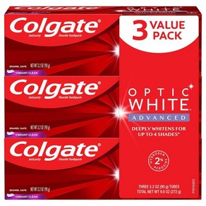 콜게이트 옵틱 화이트 어드밴스드 치아 미백 치약 활기찬 깨끗함 3.2온스 튜브 3팩 Colgate, 1개