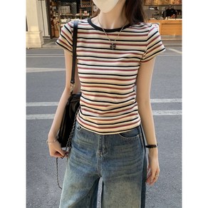 [1+1] 티피아이 여성용 스트라이프 단가라 반팔티  매일입는 데일리 아이템