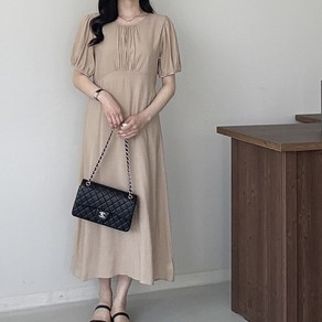 행복여 비안 셔링 벌룬 소매 허리 끈 플레어 롱 원피스