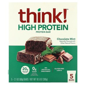 씽크씬 Think (띵크 ) 하이 프로틴 바 초콜릿 민트 바 5개 개당 60g(2.1oz), 1개, 300g