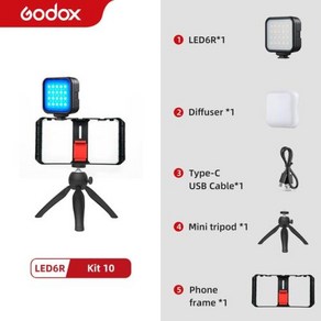 Godox-LED 6R RGB 비디오 조명 조도 조절 가능 0-360 풀 컬러 3200K-6500K 13 FX 효과 비디오 조명용 1800mAh 리튬 이온 배터리 내장, 9)Kit 10, 1개