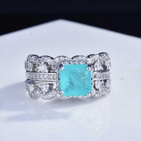 New Squae Natual Paaiba Toumaline Stone Ring 2pcs Set Luxuy Stackable Finge Ring Ladies Gif