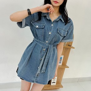 퍼니걸스 7002 반팔 청 데님 셔츠 미니 원피스 벨트 세트 여성의류