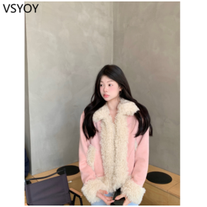 vsyoy 명암 컬러 모피 칼라 모피 원피스 코트 여성용 가을 빈티지 느슨한 슬림 핏 탑