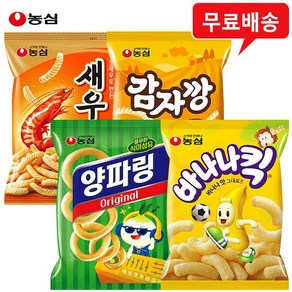 농심 과자 4봉(새우깡1+감자깡1+양파링1+바나나킥1) 무배, 4개, 75g