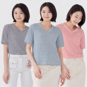 [지센창원]여성 스트라이프 자수 포인트 브이넥 반팔 티셔츠 3색 LCTSP471