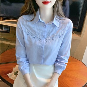 ROYALBELLE 여성 순면 플라워 자수 데일리 남방 세련된 패션 긴팔 카라넥 셔츠 상의 K062507