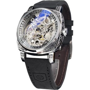 FORSINING 시계 for Man Square Retro Mechanical Watch Self-Wind Caved Skeleton Automatic 빈티지 가죽 스트랩 손