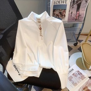타이 셔츠 하객룩 봄 블라우스 중국식 자수 셔츠에 말 스커트 고급 스탠드 칼라