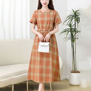 여성 여름 반팔 체크 루즈핏 원피스 허리 스트링 날씬해 보이면서 우아한 캐주얼 원피스 미디스커트
