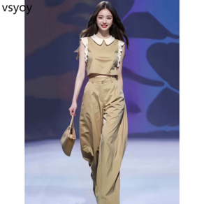 vsyoy 유행 세트 여성의 여름 디자인 나이를 줄이는 탑 와이드 레그 바지 투피스 세트