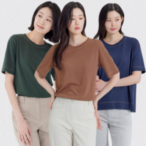 [지센창원]여성 린넨 혼방 스티치 포인트 라운드 반팔 티셔츠 3색 LCTSP423