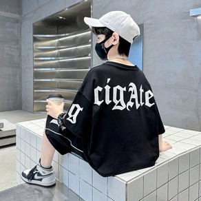 비비키드 초등생 cigate 영문 포인트 상의 초중생 하의 주니어 반팔 반바지 의류 세트 남아 여름 상의+하의 세트 (627)
