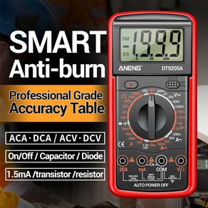 DMM 전문 멀티 디지털 hFE AC DC 전압 전류 1000V 20A 커패시턴스 저항 연속성 다이오드 테스터 DT9205A, 1개