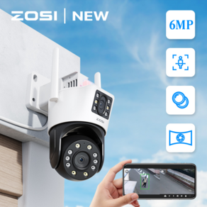 ZOSI WiFi CCTV 6MP 600만화소 F2.0 듀얼 렌즈 고화질 감시 카메라 실외용 360도 보안 카메라, 화이트, 1개